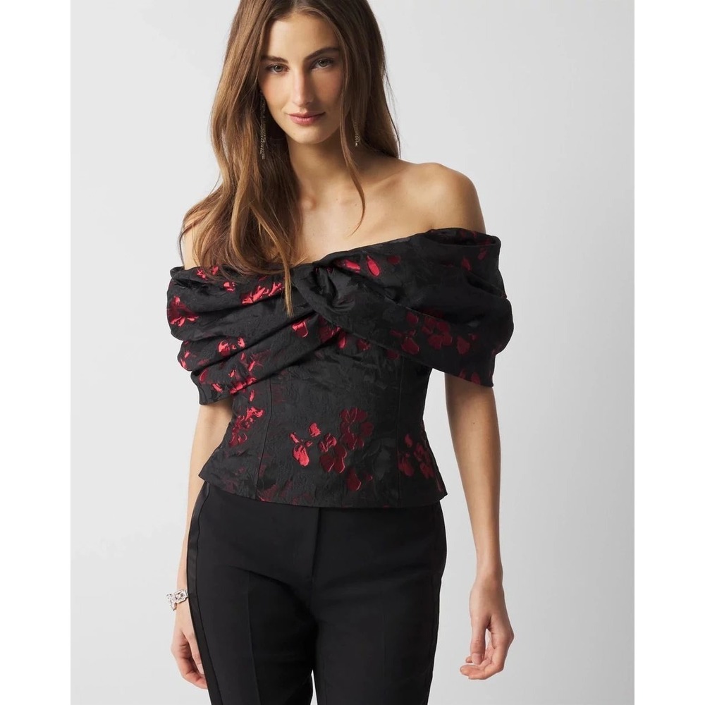 White House Black Market Floral Jacquard Bustier in Black and Red Size 4